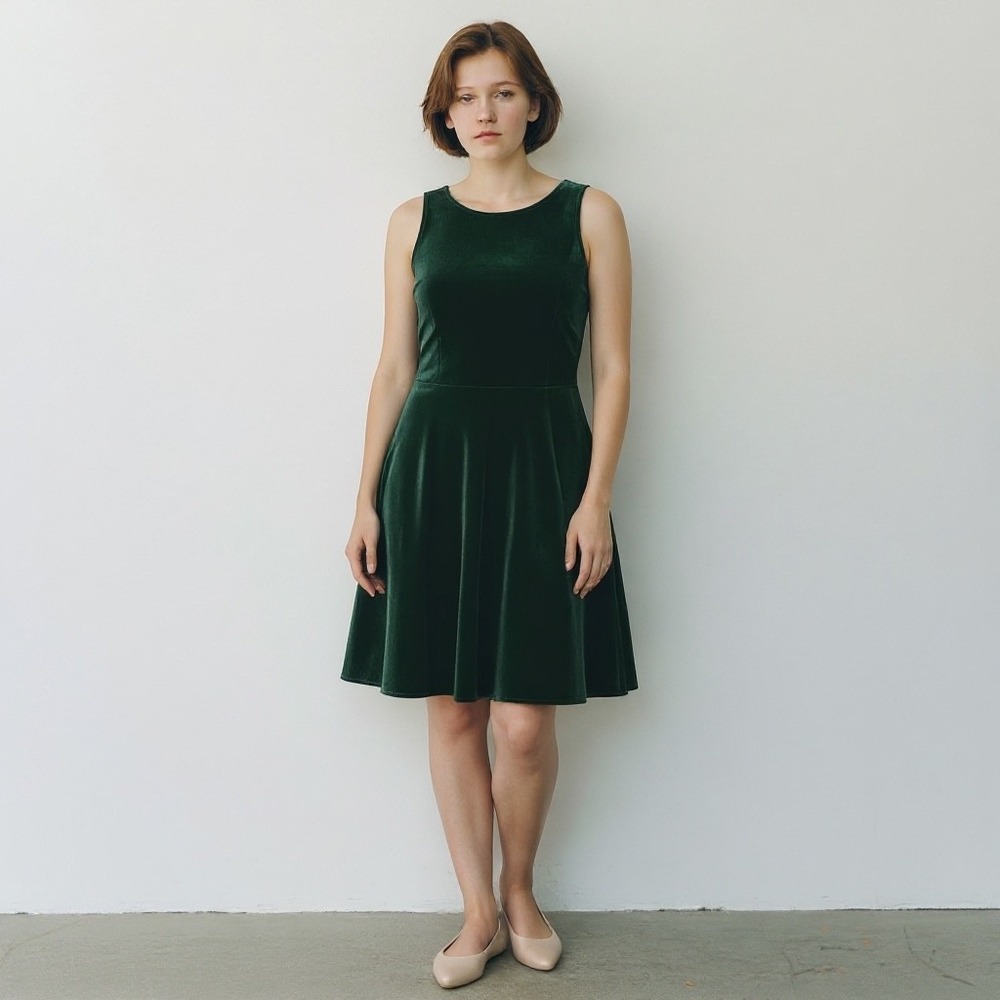 CeCe Velvet Sleeveless Ruffle Trim Shift‎ Dress Size L Deep Spruce Green Flirty